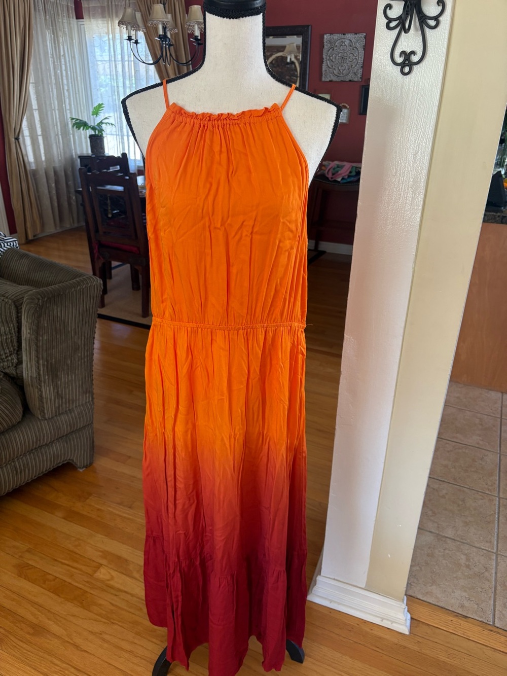 Orange to Red Ombre Halter Maxi Dress